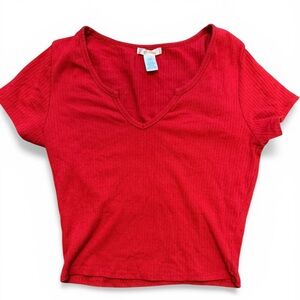Bozzolo Red Ribbed V-Neck Crop Top Women’s Size Large